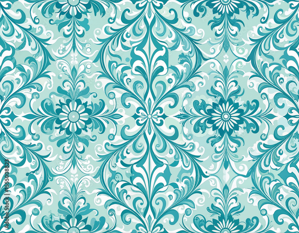 Mediterranean Floral Damask Elegant Pattern in Teal Blue Mediterranean Floral Damask Elegant Pattern in Teal Blue