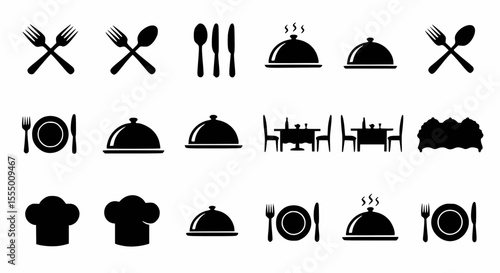Collection of black silhouette icons depicting dining elements like cutlery, serving dishes, and chef hats.