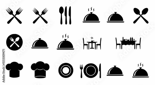 restaurant icon set | Black silhouettes of various dining and kitchen icons including cutlery, covered dishes, and chef hats.