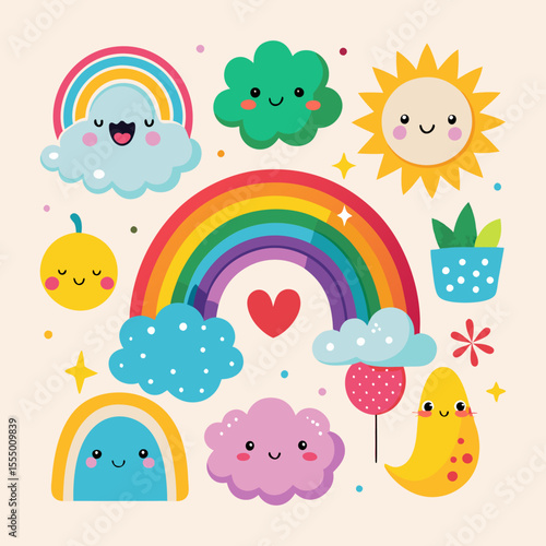 Colorful Cartoon Illustration of Rainbow and Happy Nature-Themed Characters