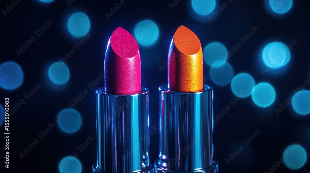 Two lipsticks in pink and orange shades with blurred blue lights on a dark background studio shot Two lipsticks in pink and orange shades with blurred blue lights on a dark background studio shot