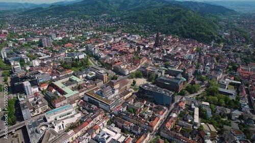  A aerial view around the old town in the city Freiburg im Breisgau in Germany on a sunny spring day