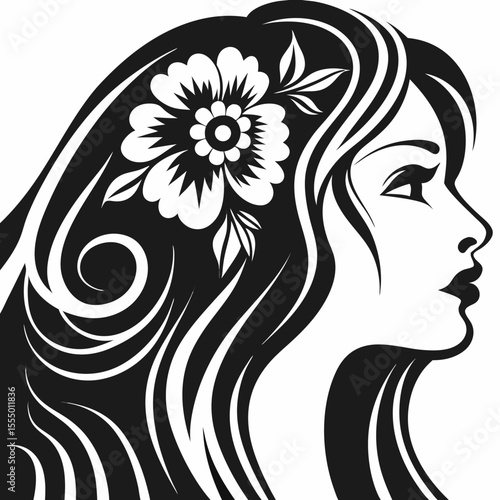 Girl with flowers vector illustration silhouette beauty floral design art profile fashion tattoo style black head hair