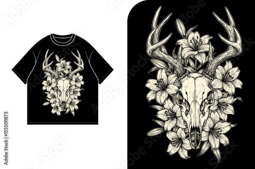 Black t-shirt design featuring a deer skull adorned with flowers and antlers.