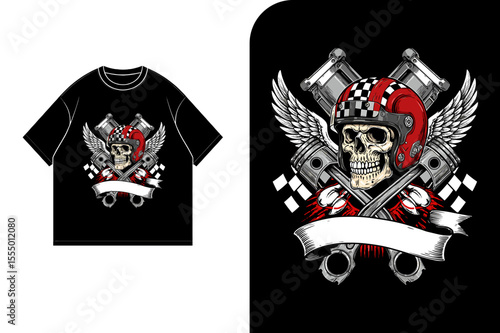 Skull biker design on a black t-shirt, featuring crossed pistons, wings, and a racing helmet.