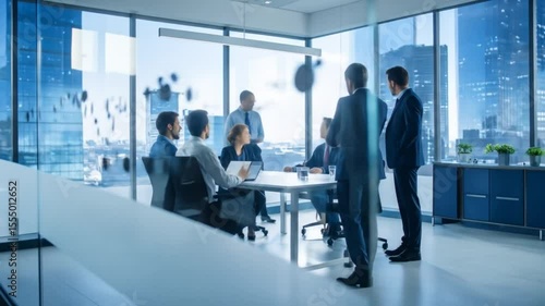 Dynamic corporate meeting in modern boardroom with city skyline view atmosphere