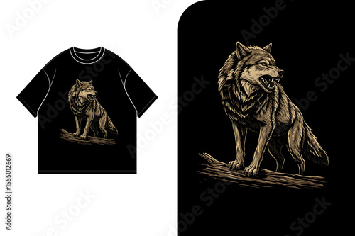 Graphic design of a wolf on a t-shirt mockup, showcasing a detailed illustration of a seated wolf against a dark background.