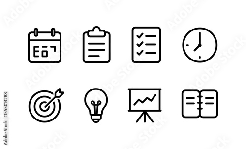 Minimalist business icons set featuring calendar, checklist, clock, and presentation