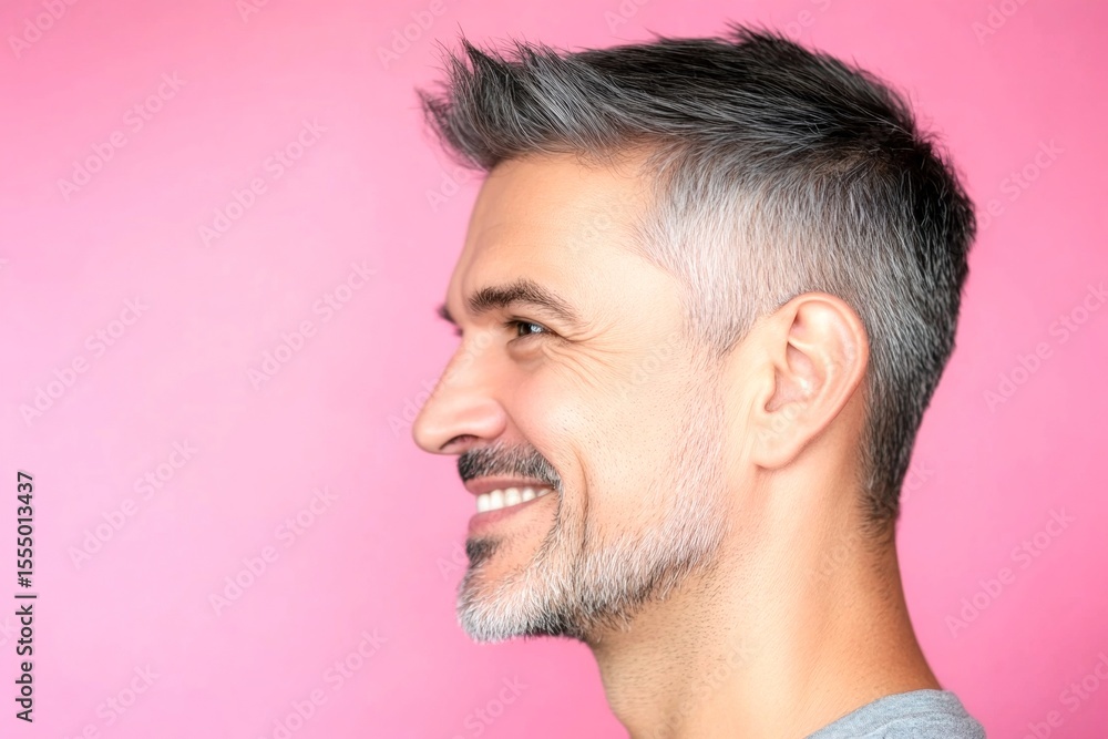 Obraz premium Modish men's spiky hair haircut - midlife indian man with short hair. Pink solid background. A relaxed and poised man showing grace. Idea art of style for aging men.