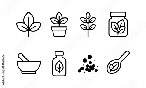 Simple plant-based icons collection featuring leaves, jars, seeds, and spoons