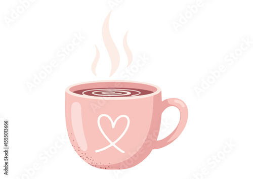 Cute pink coffee cup with heart design and steam for warm beverage lovers

