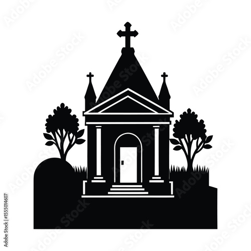 Mausoleum in cemetery silhouette on white background