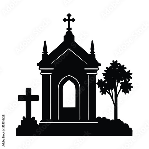 Mausoleum in cemetery silhouette on white background