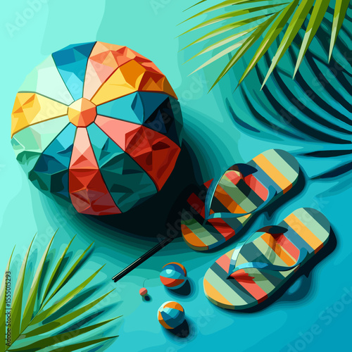 Colorful beach scene featuring a geometric beach ball, flip-flops, and tropical leaves on a vibrant background