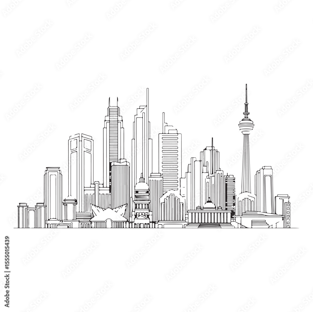 Obraz premium Modern city skyline line art, vector illustration of urban architecture for coloring book. AI generator