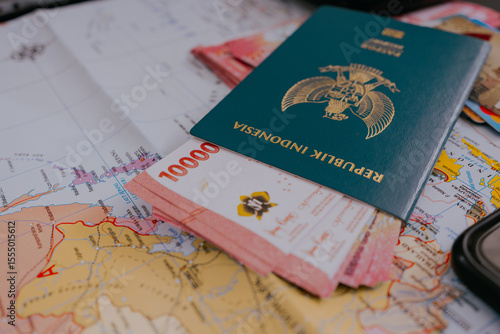 Cuadro en lienzo Passports and wallet with rupiahs, indonesian and credit card on a map background