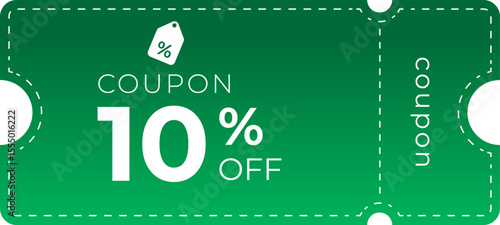 Modern green 10% off discount coupon with tag icon and dashed border. Ideal for promotions, sales, e-commerce, and retail marketing. Isolated vector-style layout on transparent background.