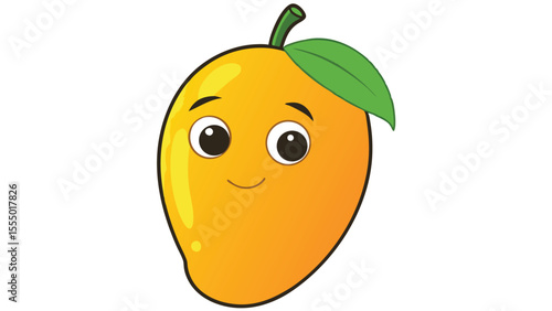 Cartoon mango character with smiling face and green leaf illustration
