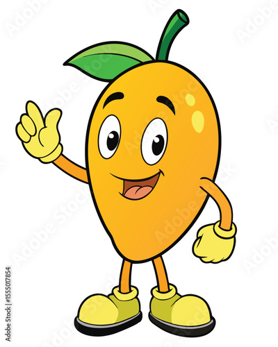 Cartoon mango character presenting information with a smile on white background