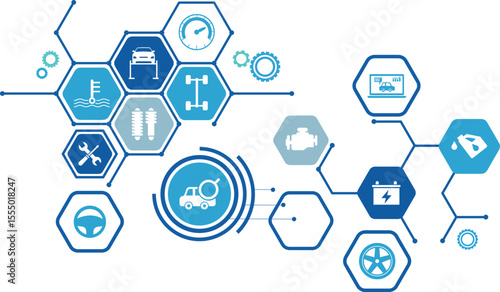 Car and auto repair vector illustration. Concept with icons related to car service and inspection, motor check, oil change, automotive maintenance, vehicle or automobile repair shop.