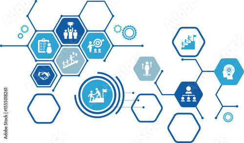 Leadership vector illustration. Banner with icons related to corporate company management