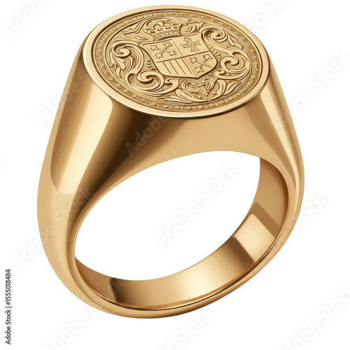 A detailed view of an ornate gold signet ring featuring a crest design, ideal for jewelry showcases