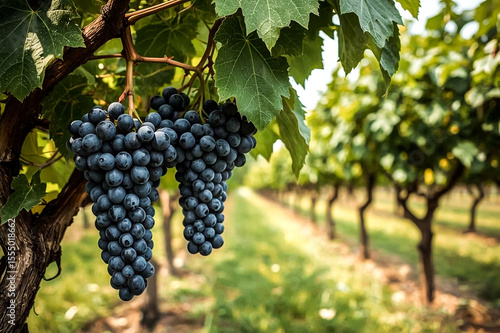 Wallpaper Mural Two lush bunches of deep purple grapes are in sharp focus hanging from a thick vine The background reveals a blurred vineyard with rows of grapevines under a bright sky Torontodigital.ca