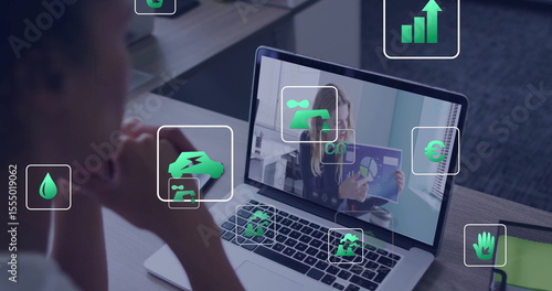 Wallpaper Mural Image conferencing, person analyzing environmental data with digital icons on screen Torontodigital.ca