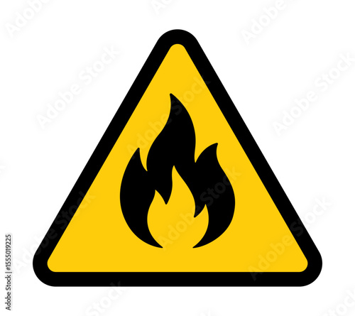 Flammable material hazard warning sign – ISO 7010 yellow triangle with black flame icon indicating fire or combustion risk