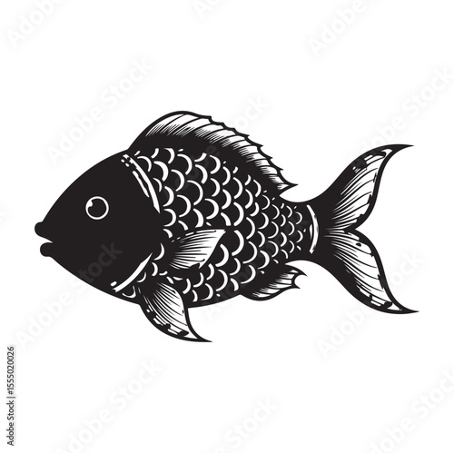 Stylized fish illustration in a traditional folk art or woodcut style, black and white vector. AI generator