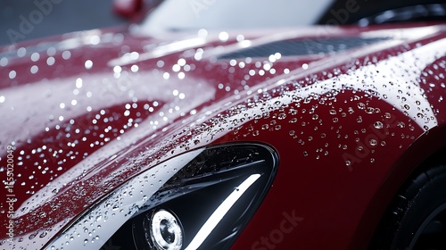 Close-up shot of water beading intensely on a car hood treated with ceramic coating