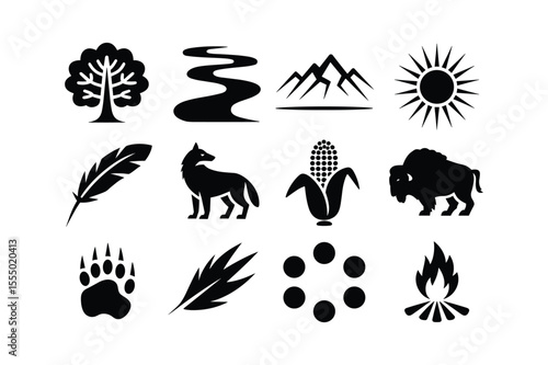 Nature symbols including tree river mountains sun wolf corn bison feather paw print and campfire