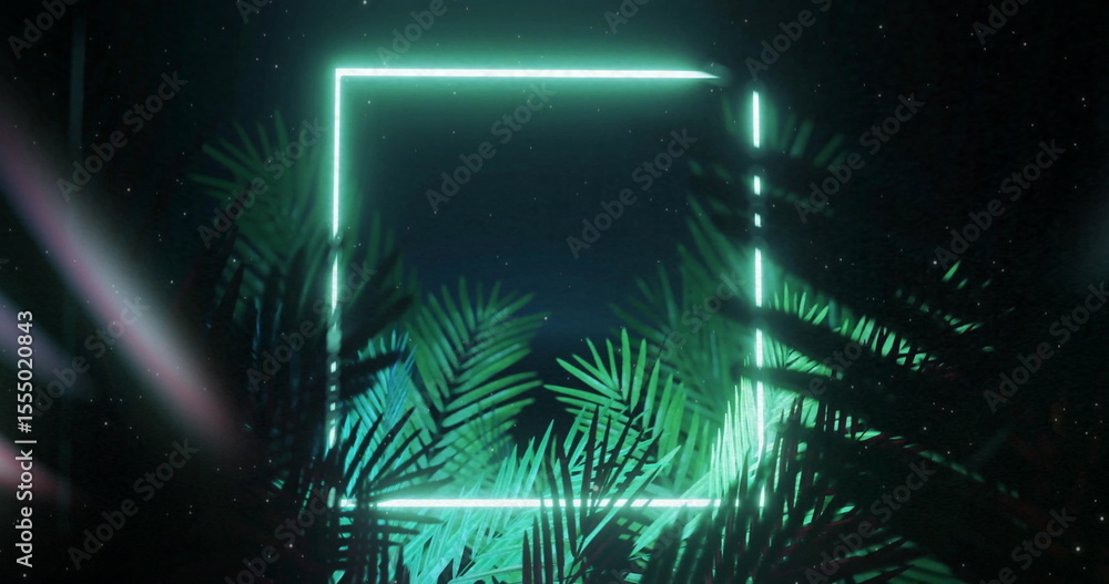 Fototapeta premium Glowing neon square with tropical palm leaves in dark atmosphere