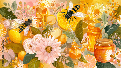 A beautiful yellow bee is gathering nectar from a colorful summer flower in the garden
