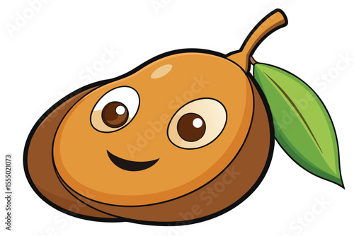 Cute cartoon sapodilla fruit with smiling face and green leaf vector illustration