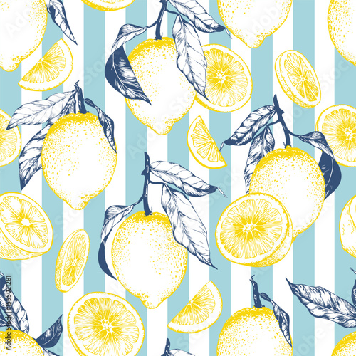 Lemon fruits on blue stripe background traditional design. Mediterranean Amalfi Coast pattern. Backdrop for wrapping paper, wallpaper, fabric, textile. Vector illustration.