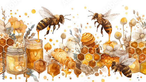 A macro closeup of bees on a honeycomb in a beehive, a nature scene of insects making honey and gathering pollen