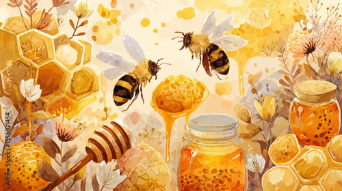 Natural, golden honey in a glass jar and honeycomb with bees, showcasing the sweet, healthy food in a vibrant, yellow cell of beeswax