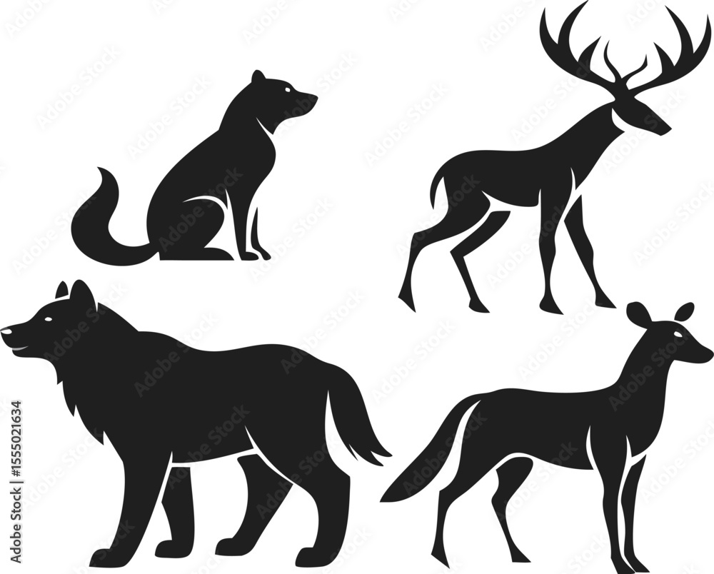 Fototapeta premium Majestic Wildlife Animal Silhouettes Deer Wolf Dog Vector Art Collection