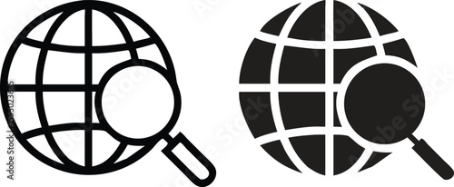 Minimalist Flat Globe with Magnifying Glass Icon in Solid Black – Vector Illustration