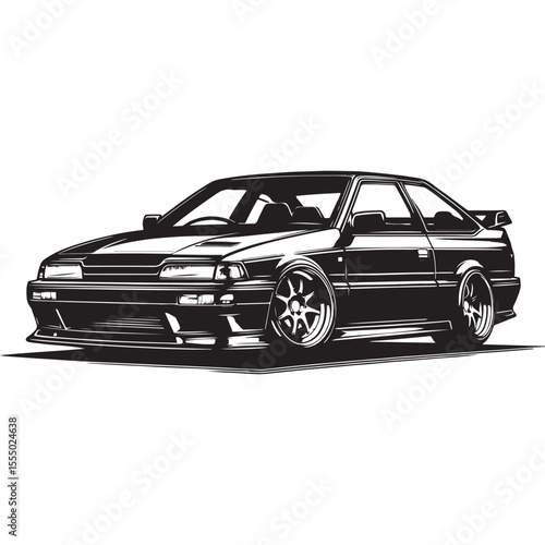 JDM Street Racer Vector – Custom Modified Drift Car Illustration in Black and White Style