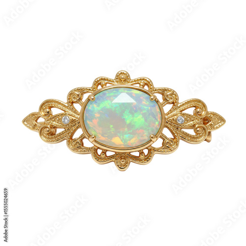 Elegant vintage brooch featuring an opal centerpiece and intricate gold detailing, ideal for jewelry display
