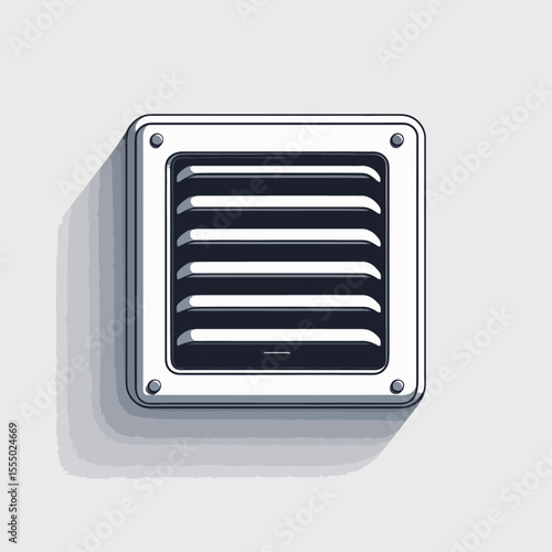 Square vent with horizontal slats featuring a light frame dark slats  corner screws casting a shadow