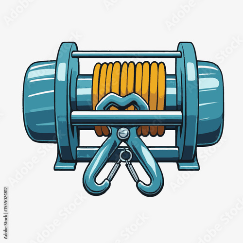 A teal winch with yellow cable and dual hooks set against a white backdrop