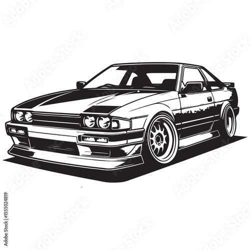 JDM Street Racer Vector – Custom Modified Drift Car Illustration in Black and White Style