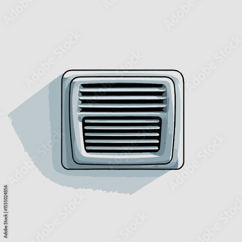 A stylized wall vent with horizontal slats casting a long shadow on a light gray background