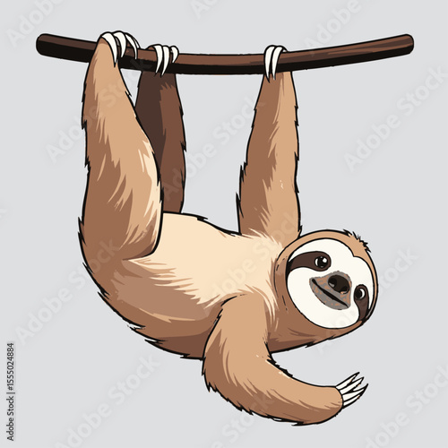 A cartoon sloth hangs upside down from a brown branch with its claws