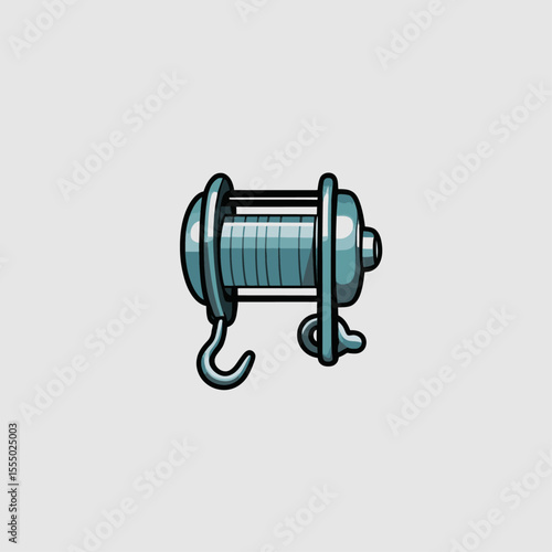 A blue cartoon winch with a hook and a handle detailed with black outlines