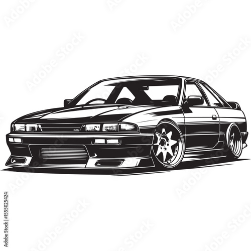 JDM Street Racer Vector – Custom Modified Drift Car Illustration in Black and White Style
