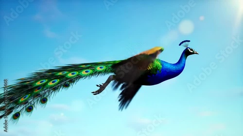 Peacock with colorful feathers spread flying in the sky above nature background